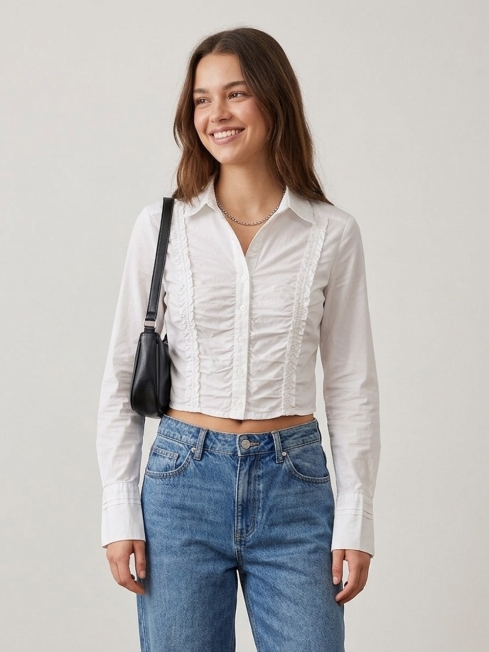 Urban Outfitters Y2K Ruched Cropped White Button Up Shirt Fitted Small